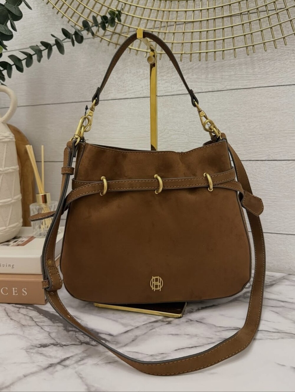 House of Harlow 1960 Brown Suede Shoulder Bag with Gold Hardware